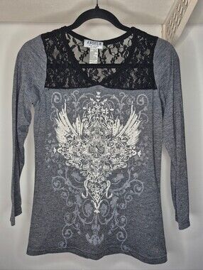 Angela Charcoal Grey Lace Accent Long-Sleeve Top with Graphic Rhinestone Detail